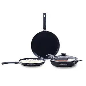 Wonderchef Valencia Non-Stick Cookware 4 Piece Set | Kadhai with Lid 24 cm, Fry Pan 24 cm, Dosa Tawa 28 cm | Pure Grade Aluminium| PFOA Free| 2 Years Warranty | Black