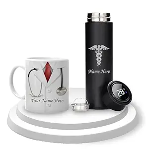 Personalized Doctor's Drinkware Combo:Temp Black Bottle with Doctor Logo & Doc Theme Coffee Mug-Customized with Your Name.Best Gift Set for Medical Professionals on Graduations & Appreciation