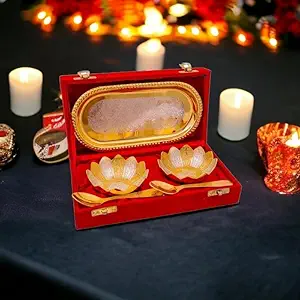 Gold and Silver Plated Brass Bowl Set with Royal Velvet Box, Pack of 5 Items- 2 Bowls,2 Spoons,1 Tray, Serveware for Snacks, Dry Fruit, Dessert |Birthday, Diwali, Return Gift Item, Set of 01