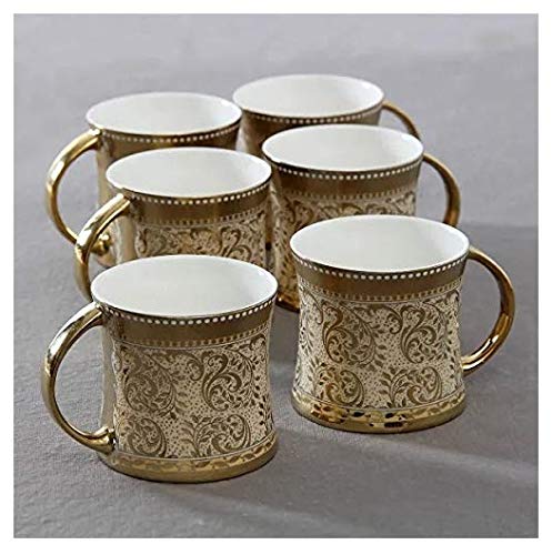 E-Ezra Cups Tea Set of 6 Diamond Luxury Golden Coffee Cups Bone China 160 ml (Gold)