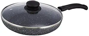 Solimo Non-Stick Fry Pan with Glass Lid | Granite Finish | Induction Base | PFOA Free | High Temperature Resistant Exterior Coating | 22 cm | Grey