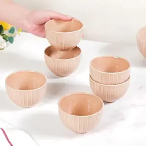 Nestasia Costola Set of 6 Bowls 250ml|Beige Ceramic Striped | Serve Side Dishes, Snacks, or dals