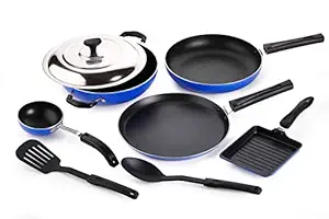 Crystal Eco Plus 8-pc Non-Stick Cookware Set, PFOA Free, Tawa, Kadhai with SS Lid, Fry Pan, Vagariya, Mini Grill Pan, 2 Spatulas, Blue