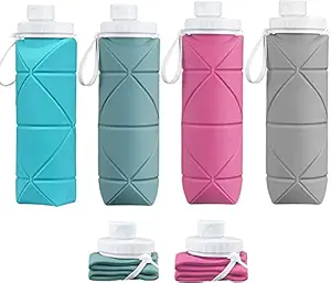 HighRoof® Collapsible Water Bottles Leakproof Valve Reusable BPA Free Silicone Foldable Gym Water Bottle for Travel Camping Hiking Travel Sports Lightweight Durable (4 BOTTLE COMBO)