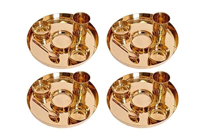 RewariCraft Handmade Bronze Luxury Dinner Set (Set of 4 Dinner Set- 6 Pieces- Each Piece Contains 1 Dinner Plate 2 Bowl 1 Sweet Plate 1 Glass & 1 Spoon)
