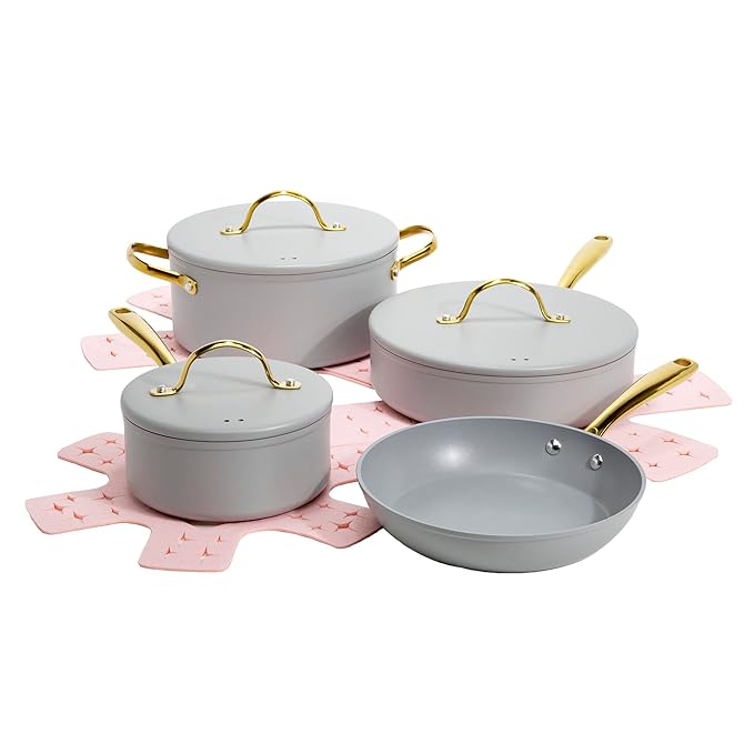 Paris Hilton Iconic Nonstick Pots and Pans Set, Multi-Layer Nonstick Coating, Matching Lids with Gold Handles, Made Without PFOA, Dishwasher Safe Cookware Set, 10-Piece, Light Gray