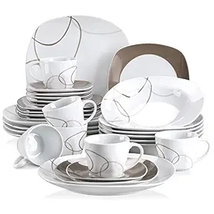 VEWEET, Series Nikita, 30-Piece Dinnerware Sets White Brown Lines Porcelain Kitchen Dinner Set with Plates Set, Cups and Saucers Set Service for 6