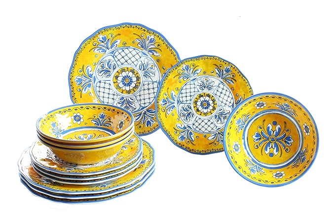Le Cadeaux 12 Piece Luxury Melamine Dinnerware Set, Service for 4 (Benidorm)