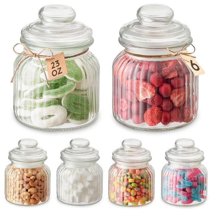 Glass Candy Boxes 700 ml – 6 Vintage Airtight Candy Boxes with Lids and Labels – for Sweets & Biscuits Set 2